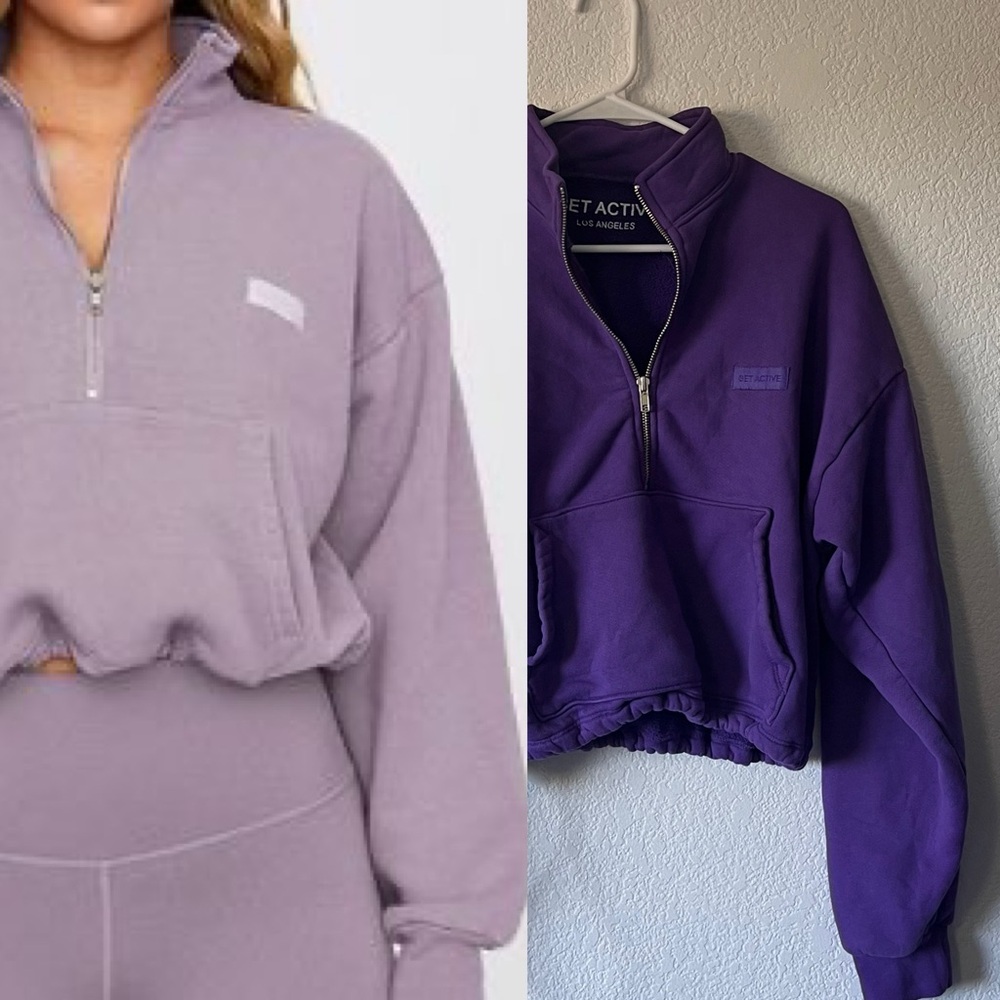 Set Active Cropped Sweatshirt Dark Purple Collared Drawstring Waist Pocket
